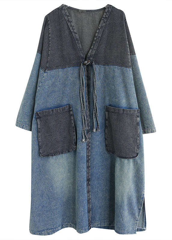 Vintage Denim Blue V Neck Patchwork Trench Coat Spring LY0645 - fabuloryshop