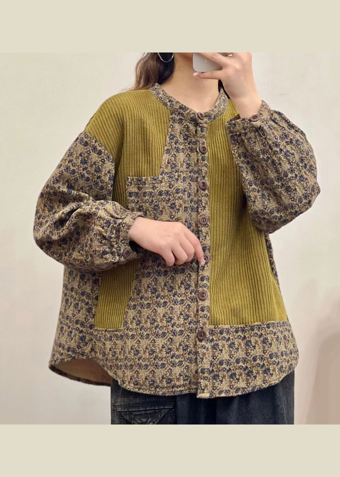 Vintage Button Print Patchwork Linen Shirt Top Fall Ada Fashion