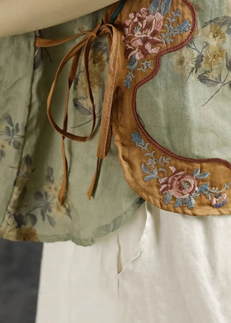 Vintage Green Embroideried Print Lace Up Linen Shirts Summer Ada Fashion