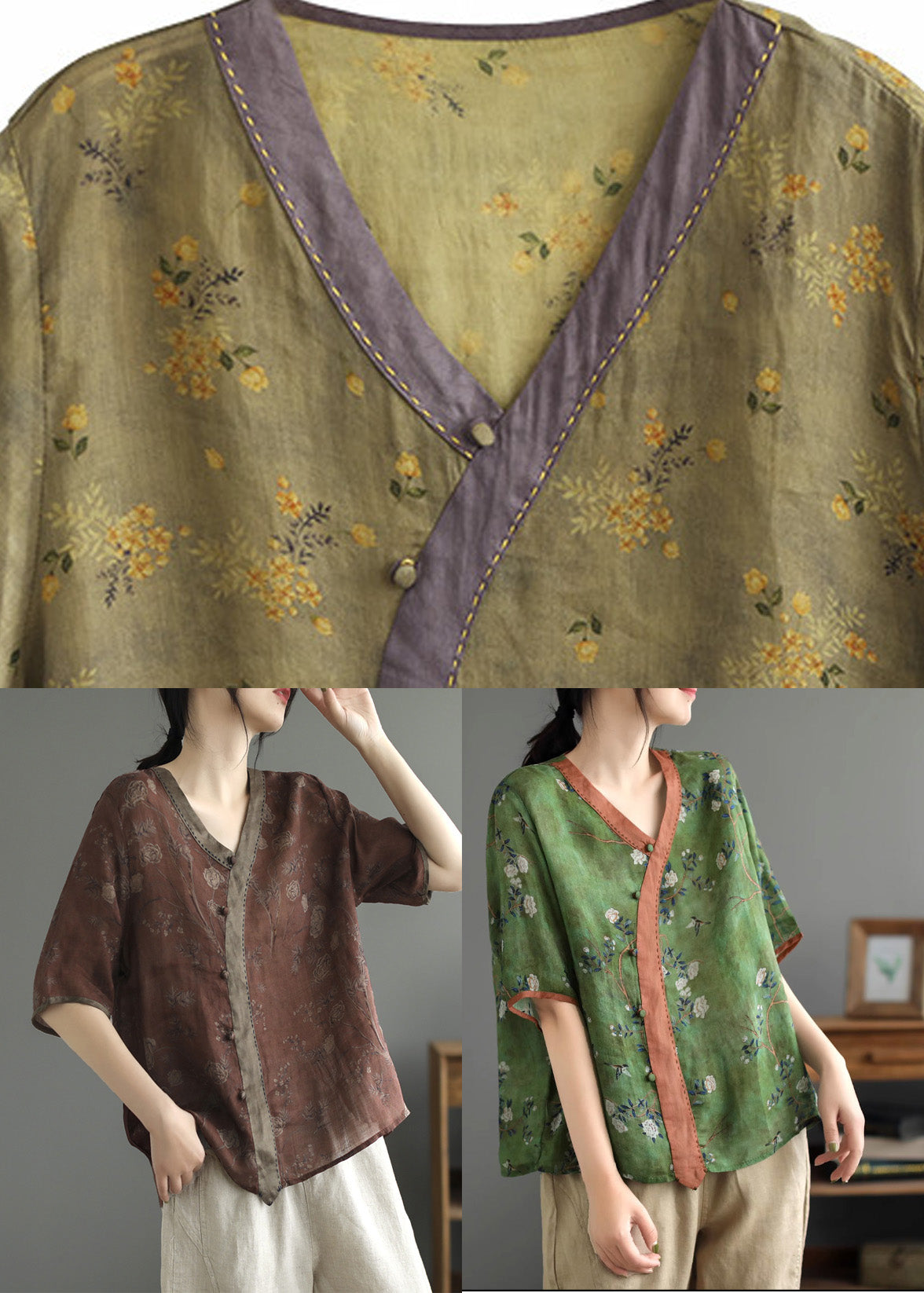 Vintage Green Print Ramie T Shirt Summer LY5027 - fabuloryshop