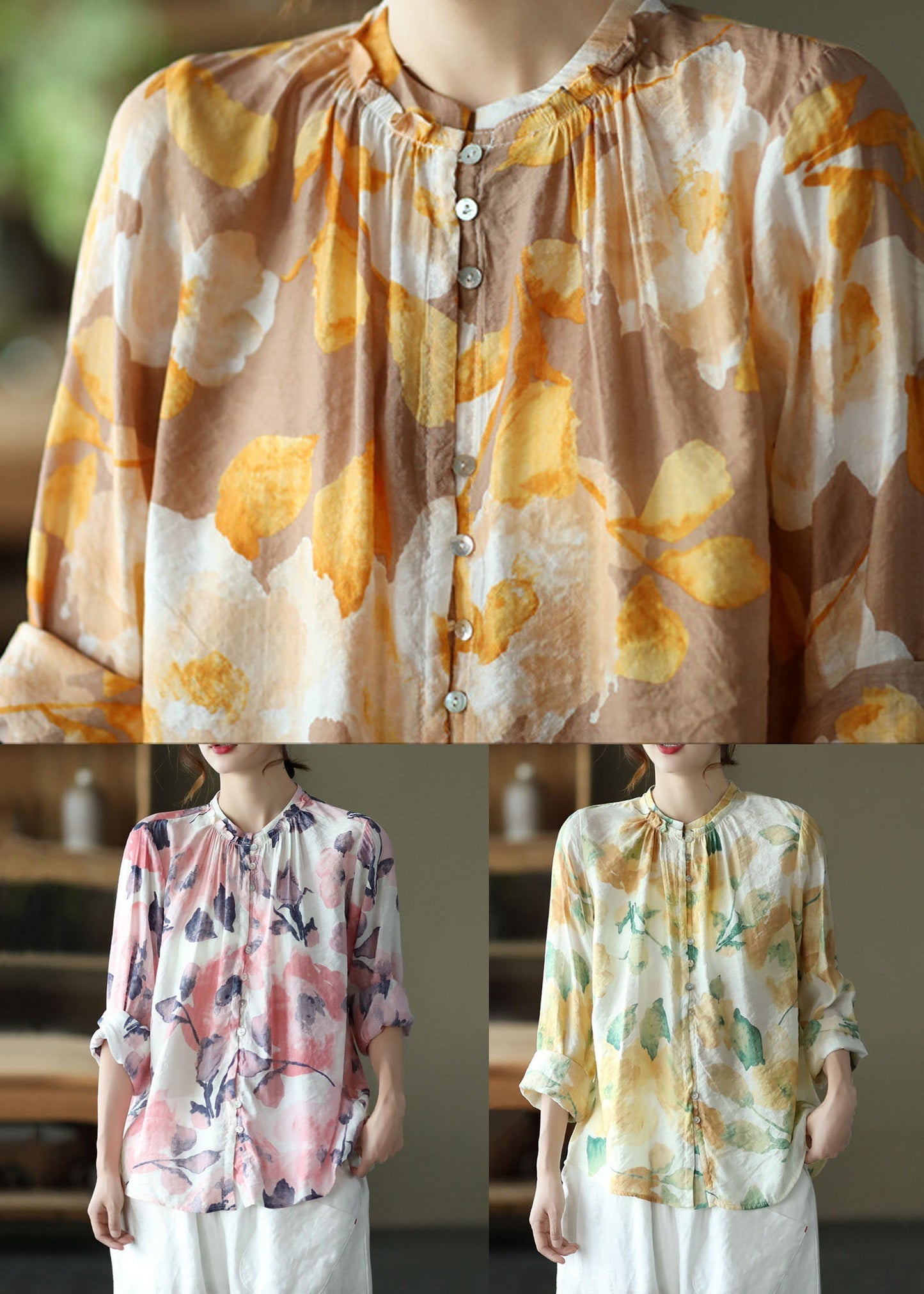 Vintage Green Print Wrinkled Button Patchwork Cotton Top Spring LY6233 - fabuloryshop