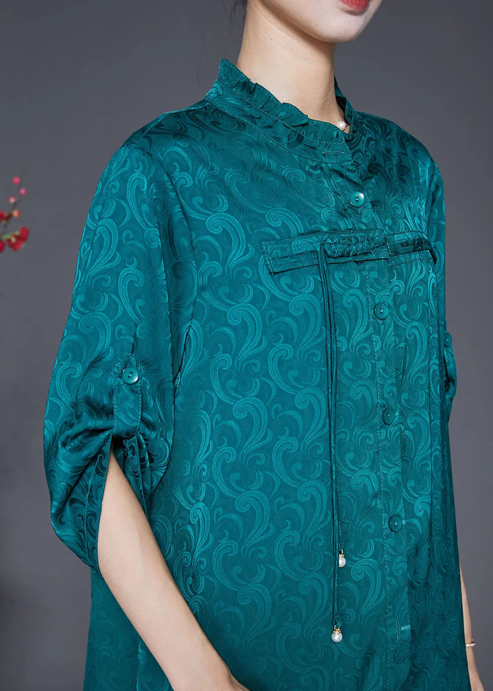 Vintage Green Ruffled Tasseled Silk Women Sets 2 Pieces Fall Ada Fashion