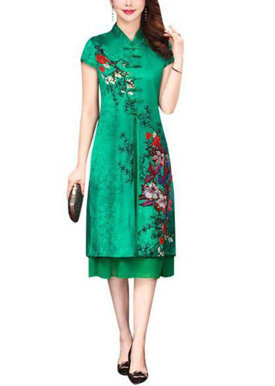 Vintage Green Stand Collar Chinese Button Patchwork Silk Dress Summer LY4659 - fabuloryshop