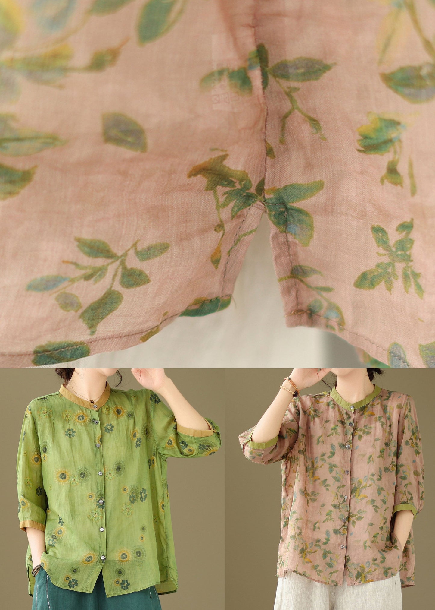 Vintage Green Stand Collar Print Patchwork Linen Top Summer LY3976 - fabuloryshop