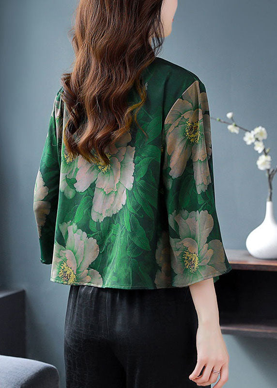 Vintage Green Stand Collar Print Patchwork Silk Shirt Spring LY4560 - fabuloryshop