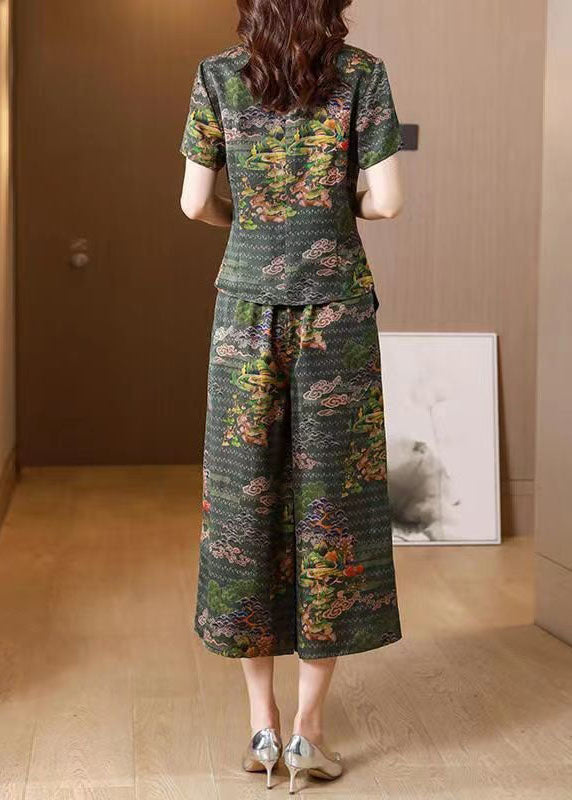 Vintage Green Stand Collar Print Patchwork Silk Two Pieces Set Summer LY4661 - fabuloryshop