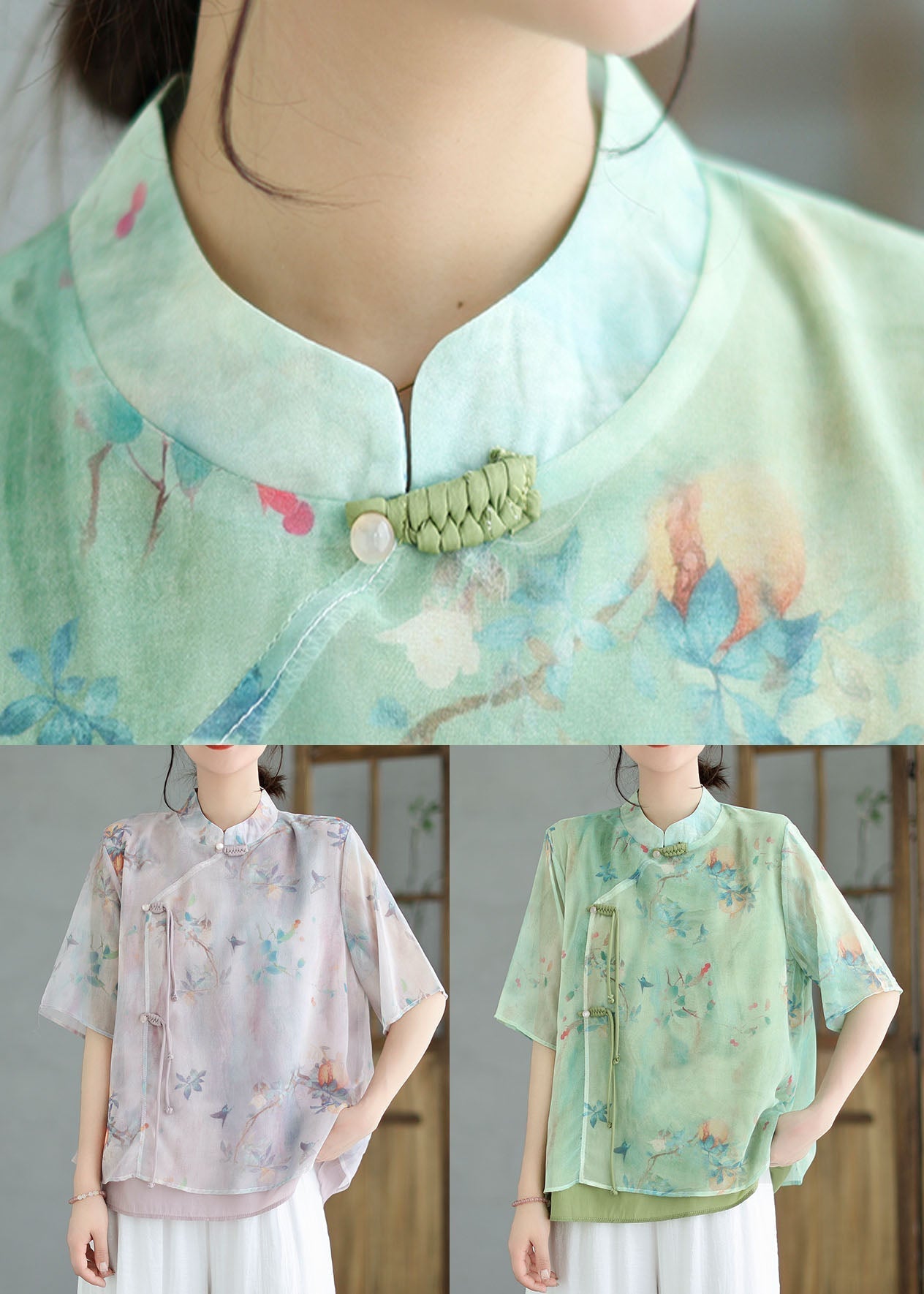 Vintage Green Stand Collar Tasseled Patchwork Cotton Shirt Tops Summer LY4016 - fabuloryshop