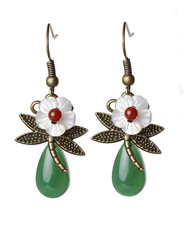 Vintage Green Sterling Silver Agate Shell Flower Cloured Glaze Dragonfly Drop Earrings LY2313 - fabuloryshop