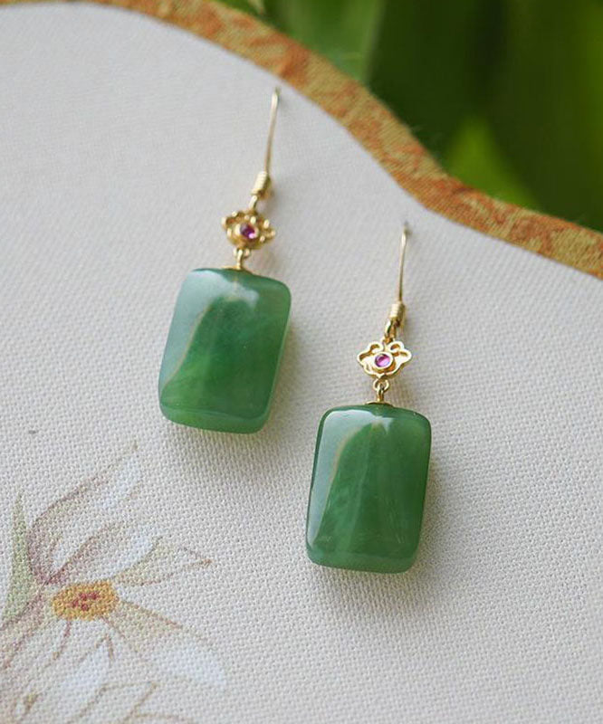 Vintage Green Sterling Silver Square Jade Drop Earrings TW1051 - fabuloryshop
