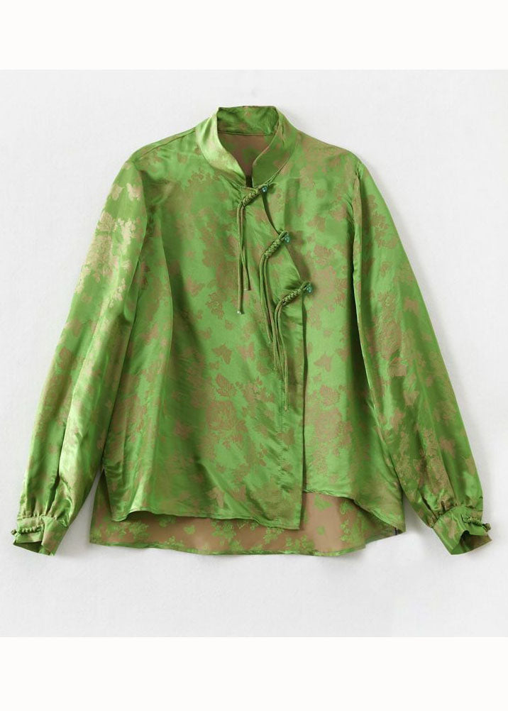 Vintage Green Tasseled Chinese Button Jacquard Patchwork Silk Shirt Spring LY4562 - fabuloryshop