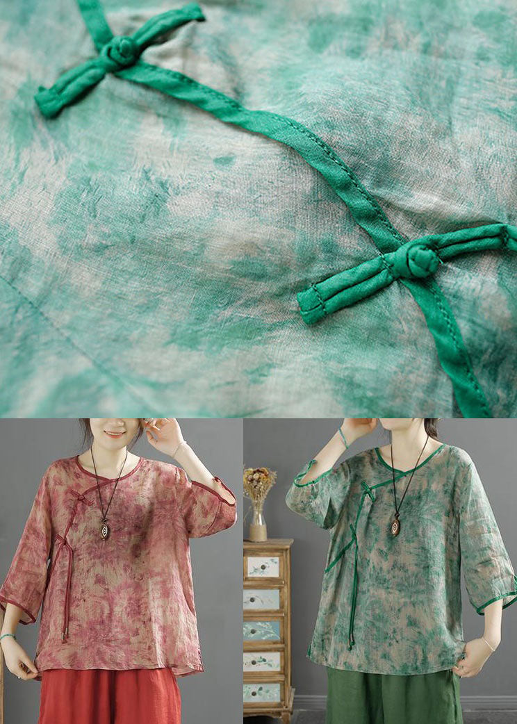 Vintage Green V Neck Tasseled Print Patchwork Linen Tops Summer LY2492 - fabuloryshop