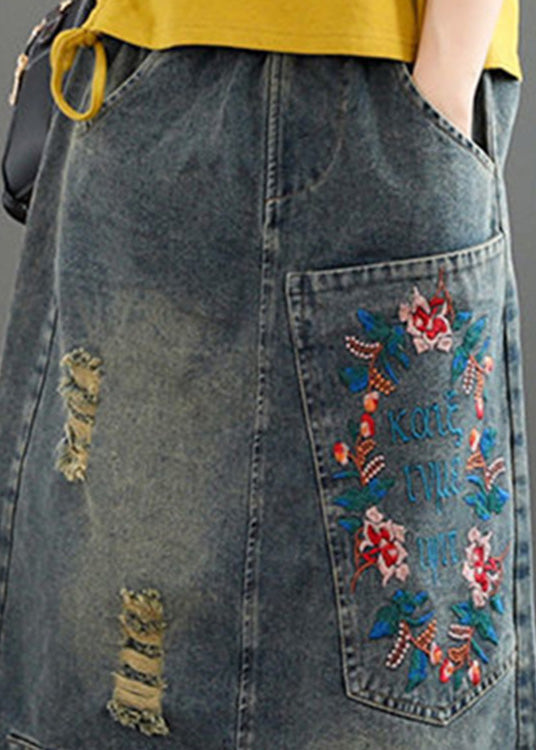 Vintage Grey Asymmetrical Embroideried Patchwork High Waist Denim Maxi Skirts Summer LY5205 - fabuloryshop