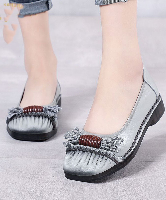 Vintage Grey Cowhide Leather Flat Shoes Splicing Flat Shoes LY0155 - fabuloryshop