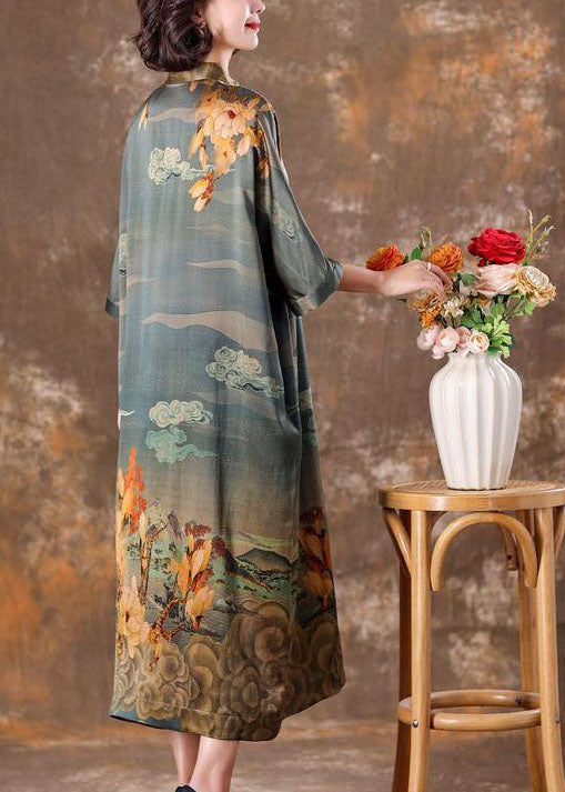 Vintage Grey Mandarin Collar Print Silk Long Dress Caftan Half Sleeve LY1708 - fabuloryshop