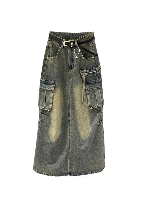 Vintage Grey Patchwork Sashes Pockets Straight Skirts Fall Ada Fashion
