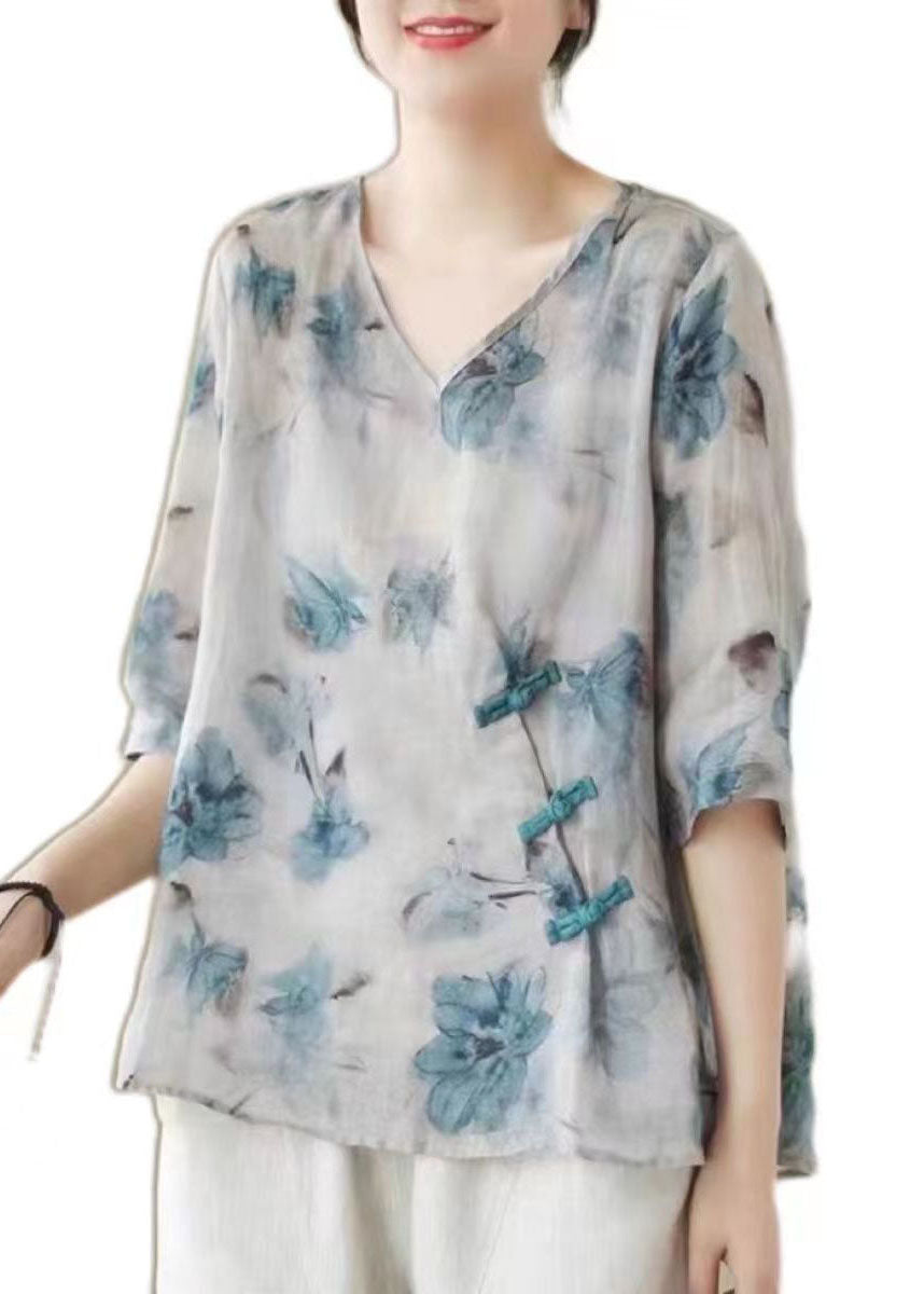 Vintage White V Neck Print Chinese Button Patchwork Linen Blouse Top Summer Ada Fashion
