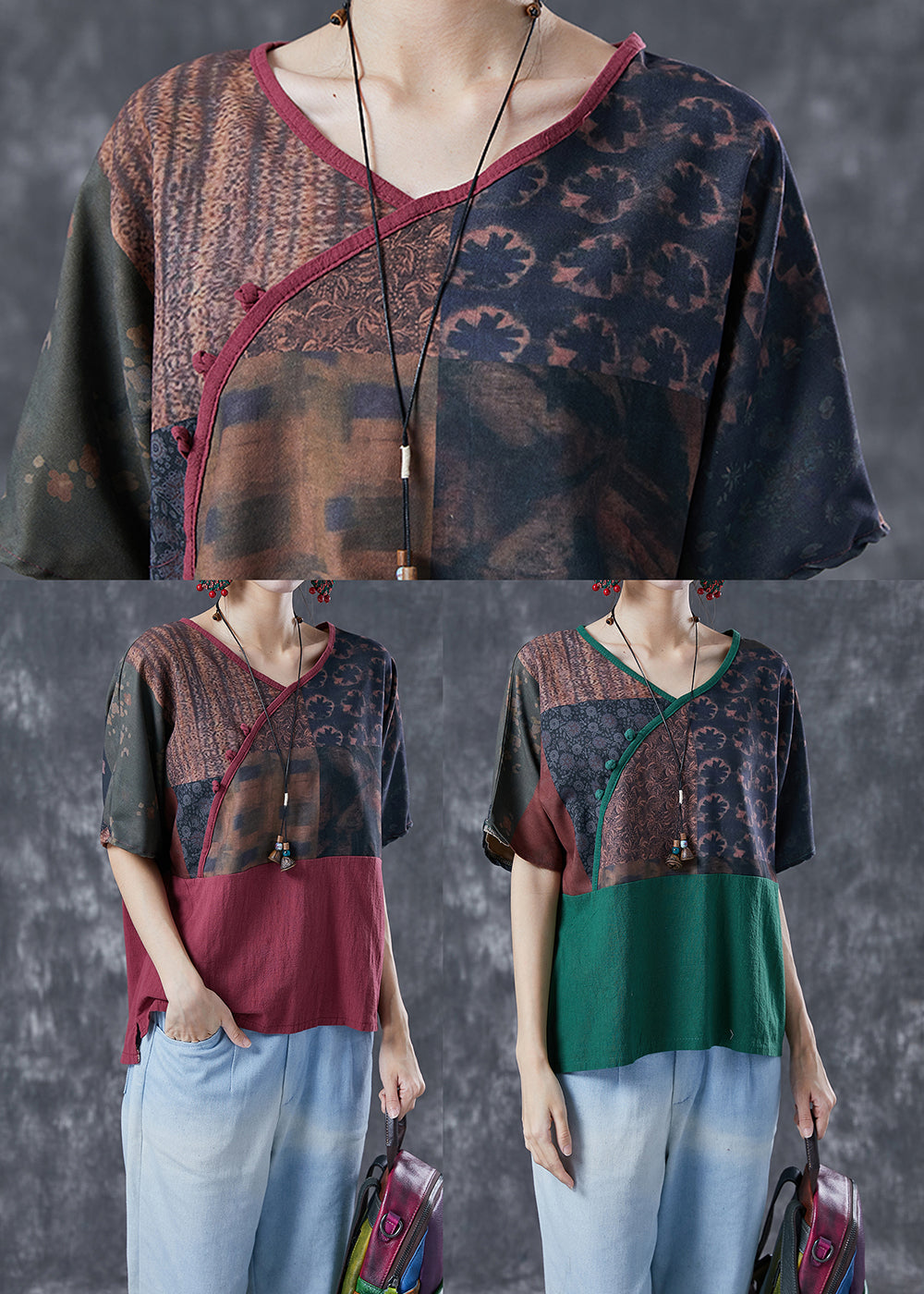 Vintage Mulberry V Neck Patchwork Print Linen Shirt Summer LY4126 - fabuloryshop