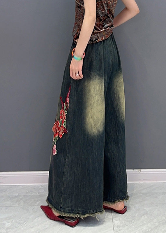 Vintage Navy Embroideried Tie Waist Elastic Waist Pockets Wide Leg Pants Summer LY4302 - fabuloryshop