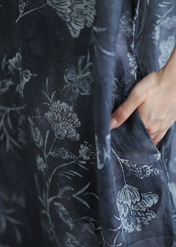 Vintage Navy O Neck Print Pockets Patchwork Linen Long Dresses Summer LY6942 Ada Fashion