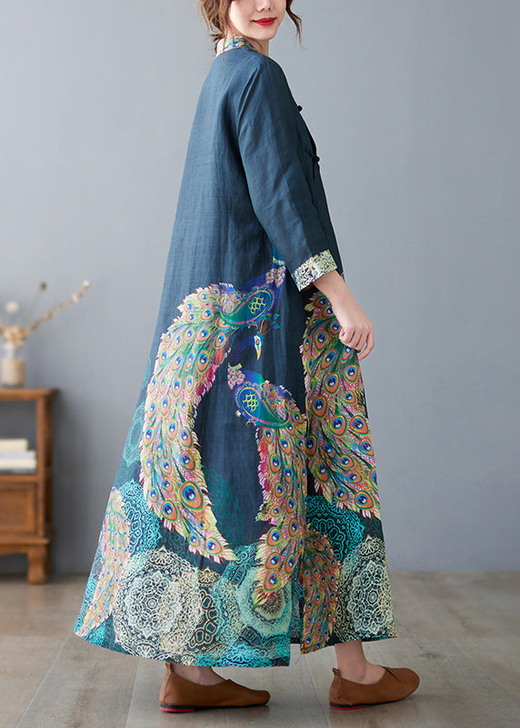 Vintage Navy Peacock Print Side Open Linen Long Dress Bracelet Sleeve LY2389 - fabuloryshop