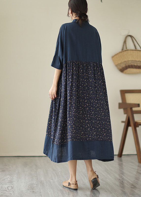 Vintage Navy Stand Collar Print Patchwork Linen Dresses Summer LY4896 - fabuloryshop
