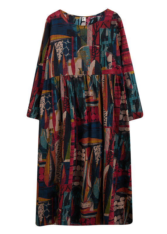 Vintage O-Neck Patchwork Print Cotton Cozy Maxi Dress Long Sleeve Ada Fashion