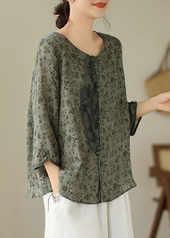 Vintage O-Neck Print Button Linen Shirt Long Sleeve LY4931 - fabuloryshop