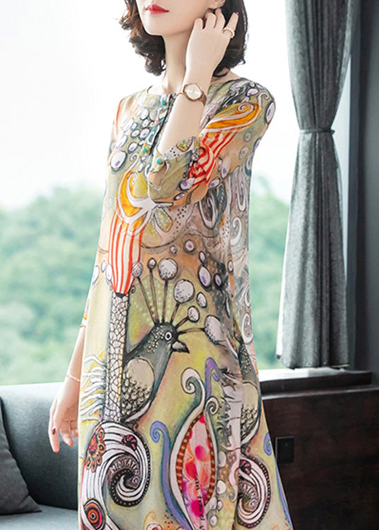 Vintage O-Neck Print Silk Vacation Long Dresses Long Sleeve LY1782 - fabuloryshop