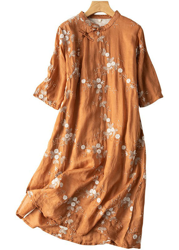 Vintage Orange Embroideried Chinese Button Patchwork Linen Dress Summer Ada Fashion