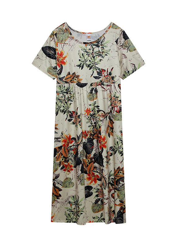 Vintage Orange O-Neck Print Patchwork Maxi Dress Short Sleeve LC0004 - fabuloryshop