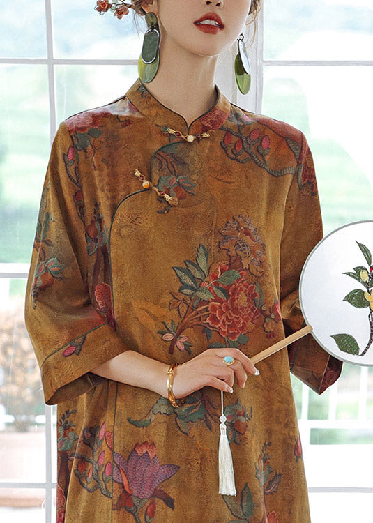 Vintage Orange Print Stand Collar Button Silk Maxi Dresses Spring LY3703 - fabuloryshop