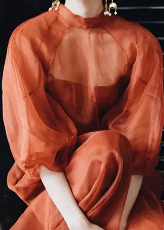 Vintage Orange Stand Collar Patchwork Tulle Maxi Dress Fall Ada Fashion