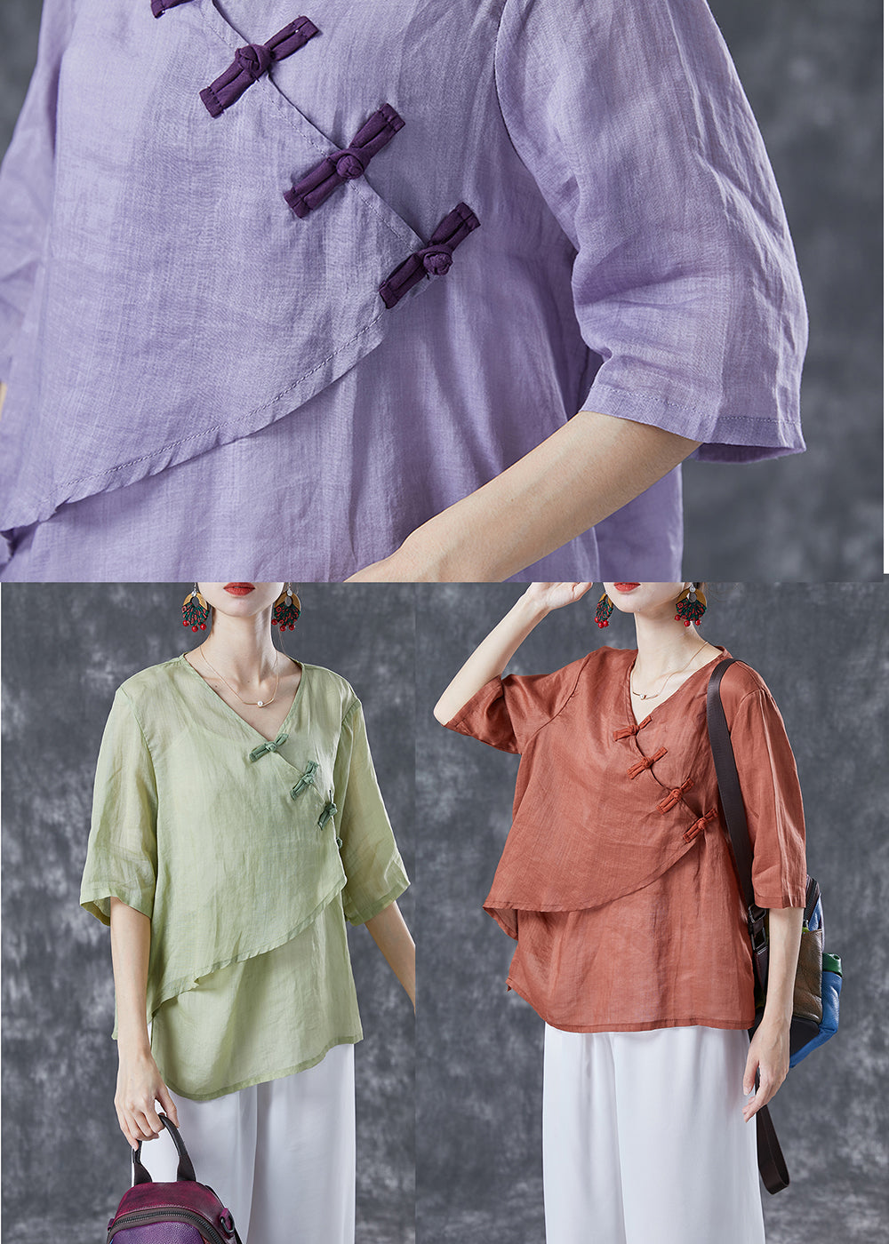 Vintage Orange V Neck Chinese Button Linen Shirt Top Summer LY4139 - fabuloryshop