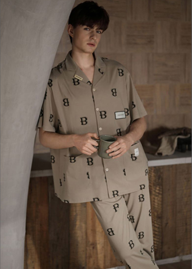 Vintage Peter Pan Collar Graphic Print Button Cotton Couple Pajamas Two Pieces Set Summer LY2826 - fabuloryshop