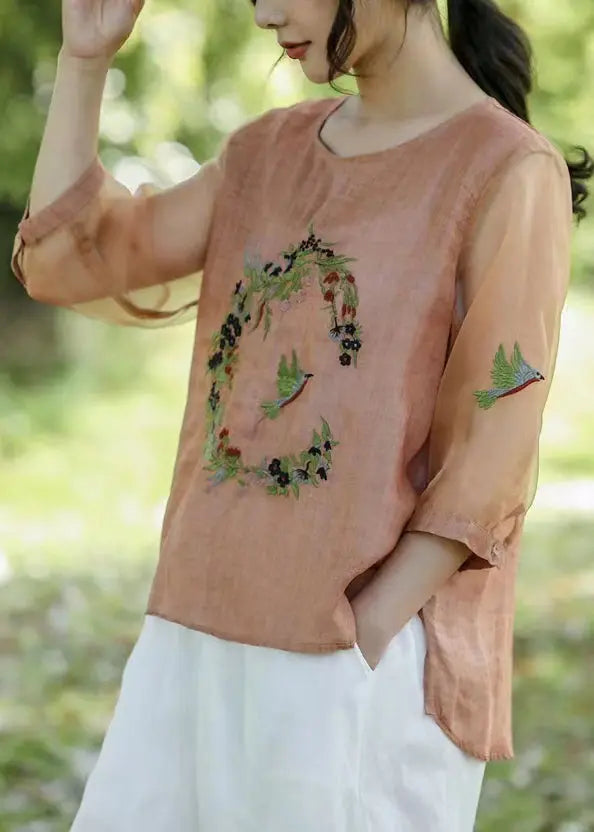 Vintage Pink Embroideried Tulle Patchwork T Shirt Half Sleeve Ada Fashion