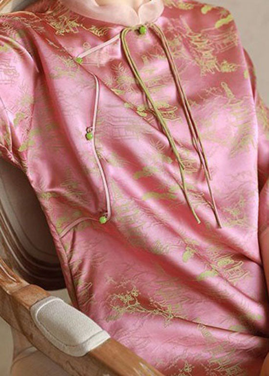 Vintage Pink Stand Collar Tasseled Print Patchwork Silk Long Dress Summer TI1018 - fabuloryshop