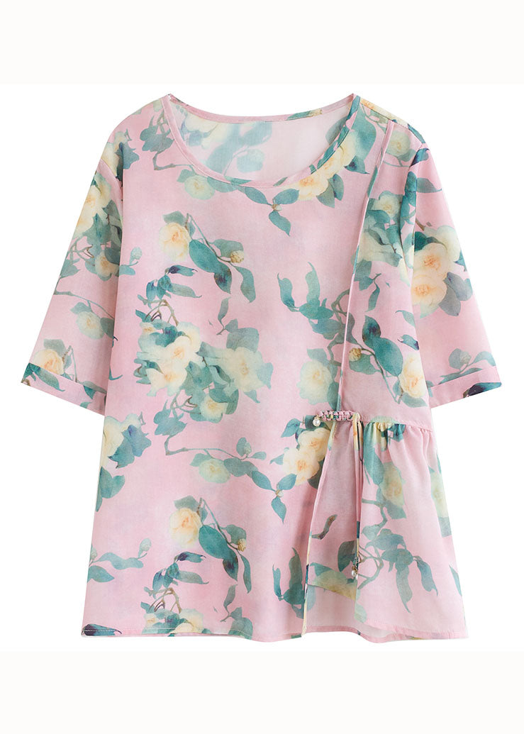 Vintage Pink Tasseled Asymmetrical Print Patchwork Cotton Top Summer LY3981 - fabuloryshop
