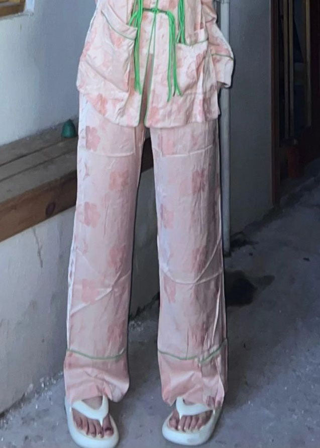 Vintage Pink Tasseled Oriental Button Ice Silk Pajamas Outfit Spring LY2799 - fabuloryshop
