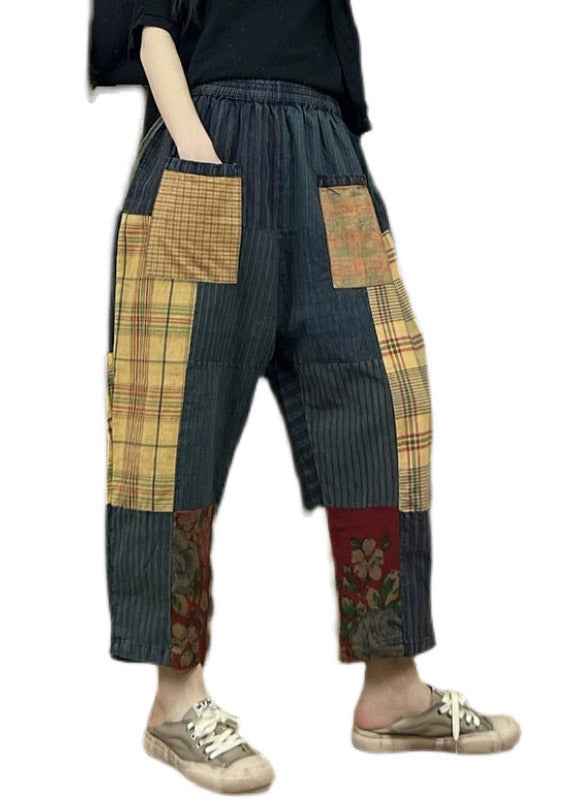Vintage Print Patchwork Plaid Old Beam Pants Summer LY4579 - fabuloryshop