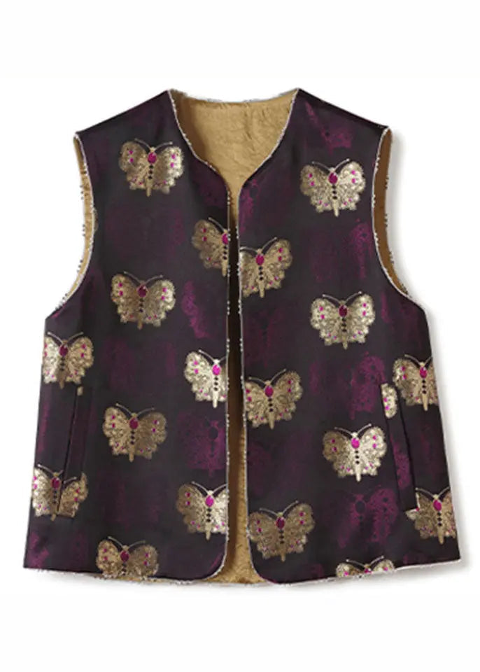 Vintage Purple Embroideried Nail Bead Silk Waistcoat Fall Ada Fashion