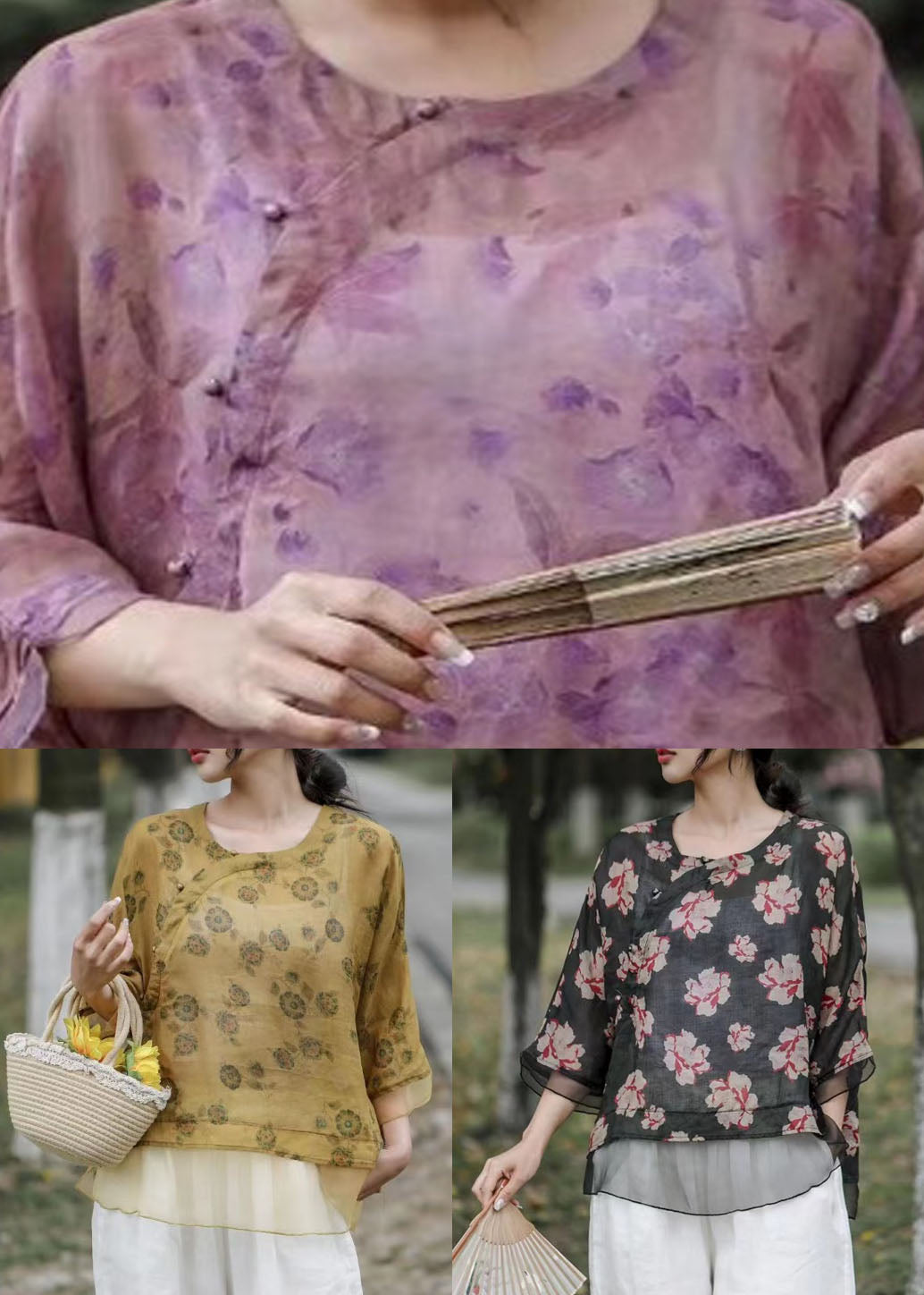 Vintage Purple Print Chinese Button Patchwork Linen Top Summer LY4111 - fabuloryshop