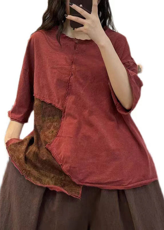Vintage Red Asymmetrical Patchwork Cotton T Shirt Tops Summer LY4624 - fabuloryshop