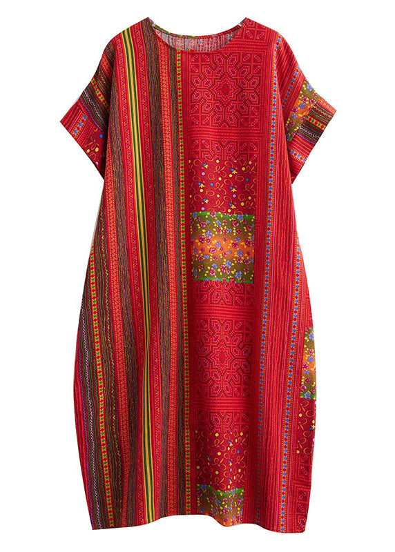 Vintage Red O Neck Print Patchwork Linen Mid Dresses Summer LY4907 - fabuloryshop