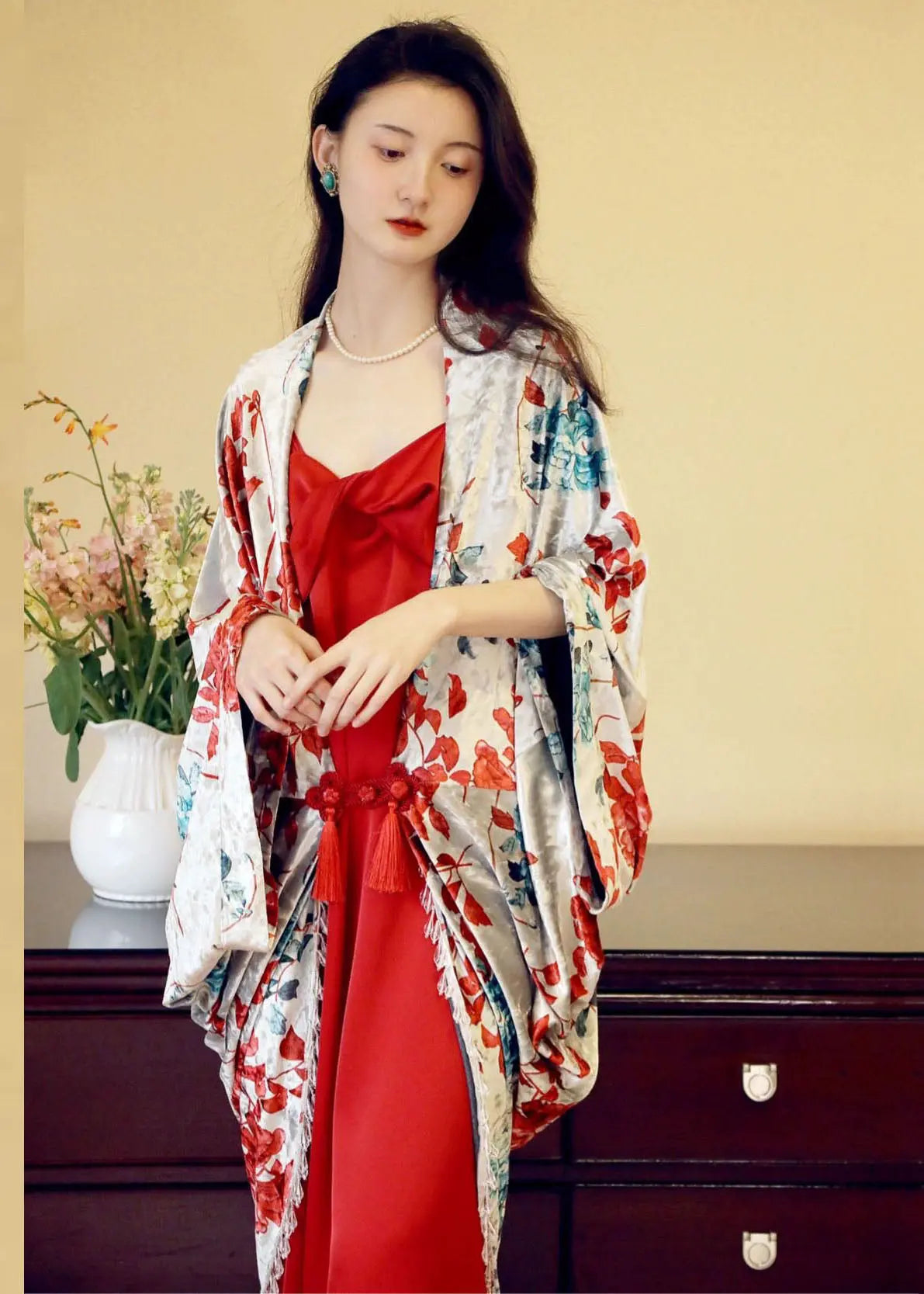 Vintage Red Print Cardigans And Slip Dress Two Pieces Set Fall Ada Fashion