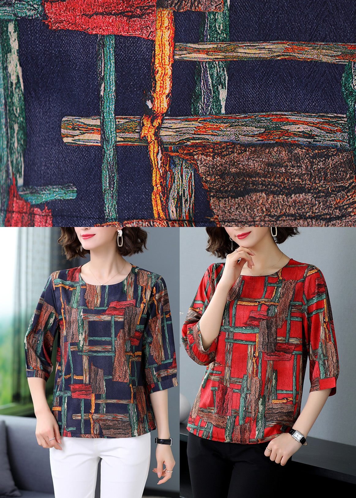 Vintage Red Print Cozy Silk Top Summer LY5194 - fabuloryshop
