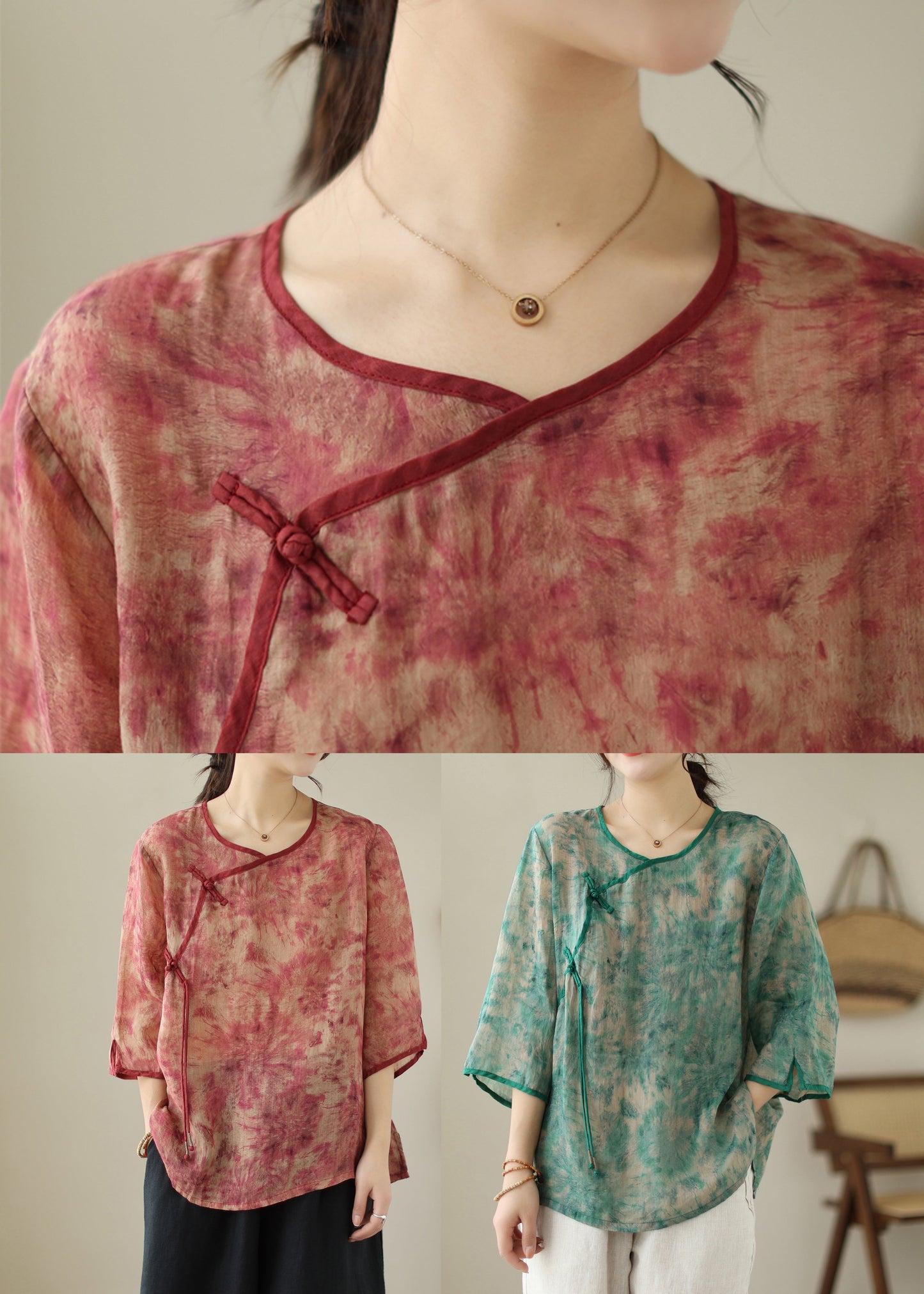 Vintage Red Print Tassel Linen Shirt Top Bracelet Sleeve Ada Fashion