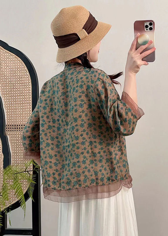 Vintage Red Stand Collar Print Button Patchwork Linen Top Summer LY2512 - fabuloryshop