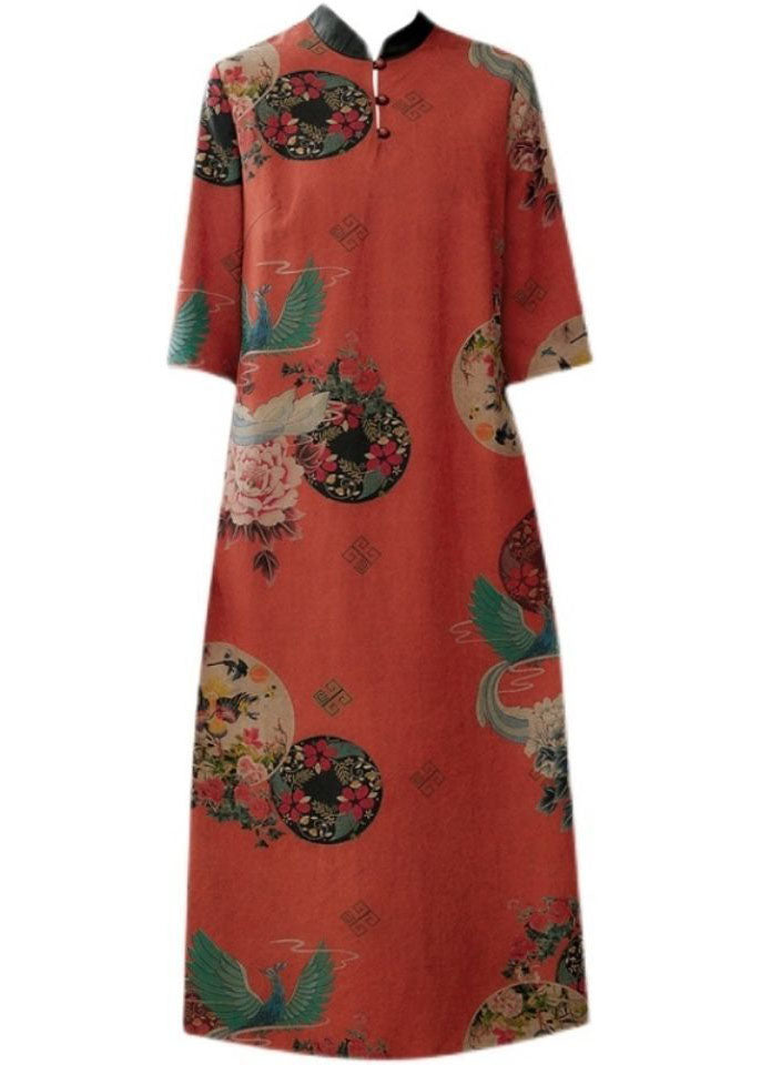 Vintage Red Stand Collar Print Silk A Line Dress Half Sleeve LY1666 - fabuloryshop