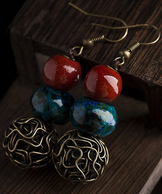 Vintage Red Sterling Silver Overgild Drop Jade Ceramics Earrings LY2009 - fabuloryshop