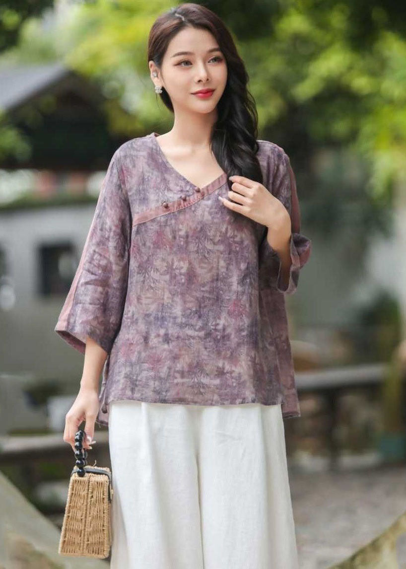 Vintage Red V Neck Print Button Patchwork Linen Shirts Top Spring LY2506 - fabuloryshop